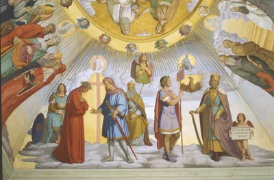 قبو غرفة دانتي ، التفاصيل: دانتي ، بياتريس ، الإمبراطورة كونستانس ، كلاريسا بيكاردا روميو من فيلانوفا والإمبراطور جستنيان بواسطة فيليب فيت